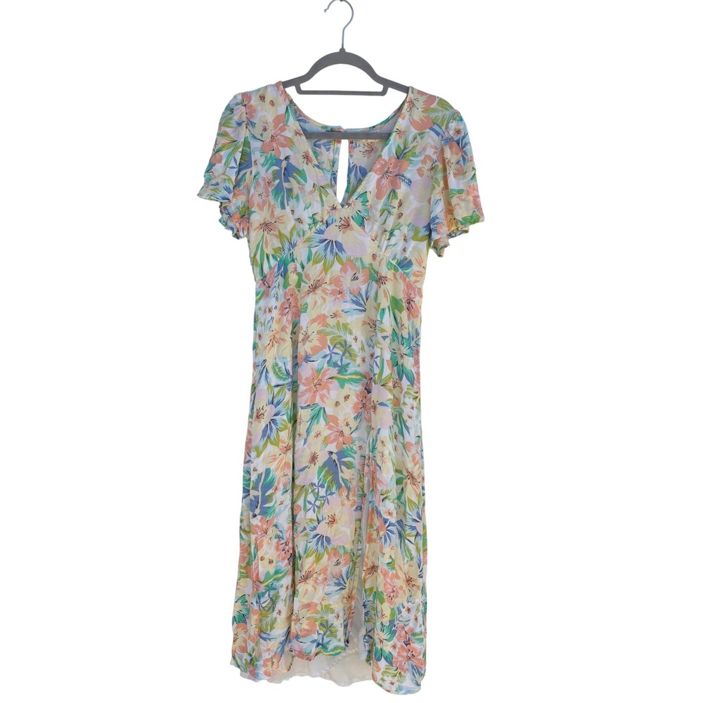 Billabong Floral Midi Dress Lightweight Summer Deep V-Neck‎ Slit Sleeveless L